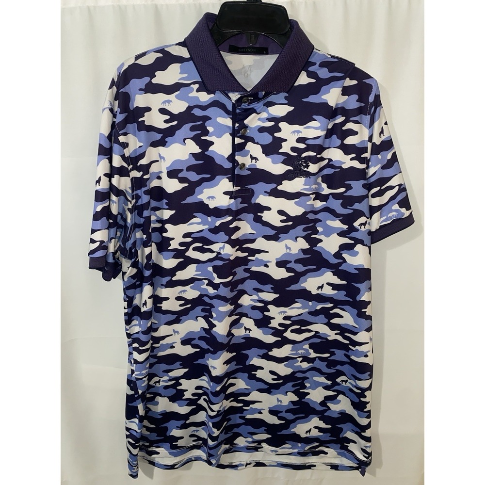 Greyson Golf Performance Polo Mens Large Blue Camo All Over Print Stretch Avalon